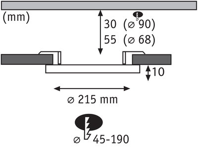 Technical drawing showing dimensions of round recessed spotlight Ø215 mm, installation depth 30 mm, cutout Ø90 mm