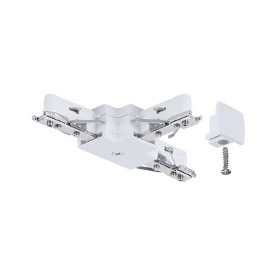 Connecteur d'angle en plastique blanc avec clips métalliques et vis pour éclairage sur rail LED