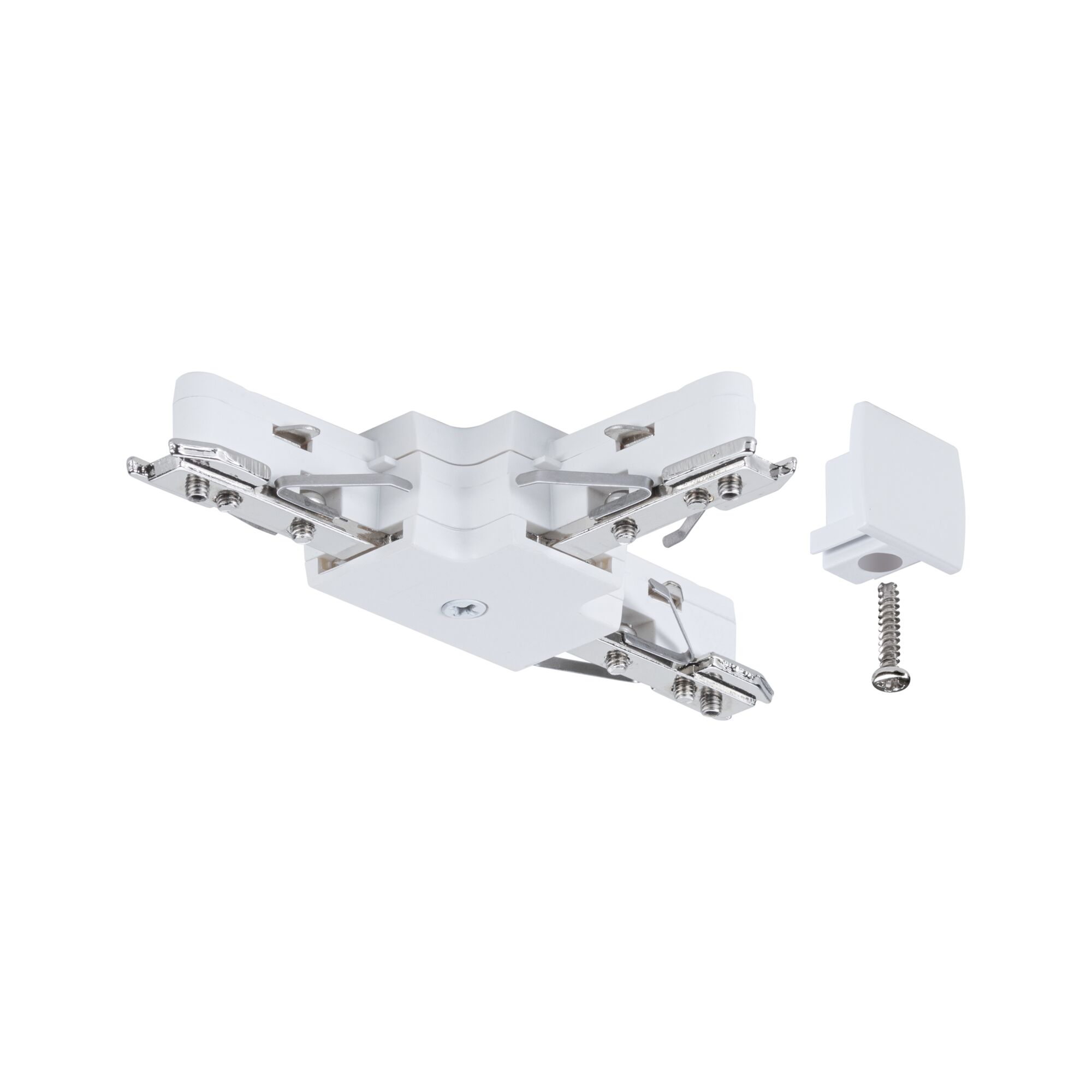 Connecteur d'angle en plastique blanc avec clips métalliques et vis pour éclairage sur rail LED