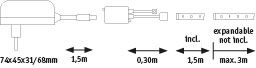 Technical drawing of a power supply with 1.5 m cable and 3 m expandable connection cable.