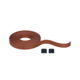 Brown textile tape with two black plastic end caps for versatile fastening applications.