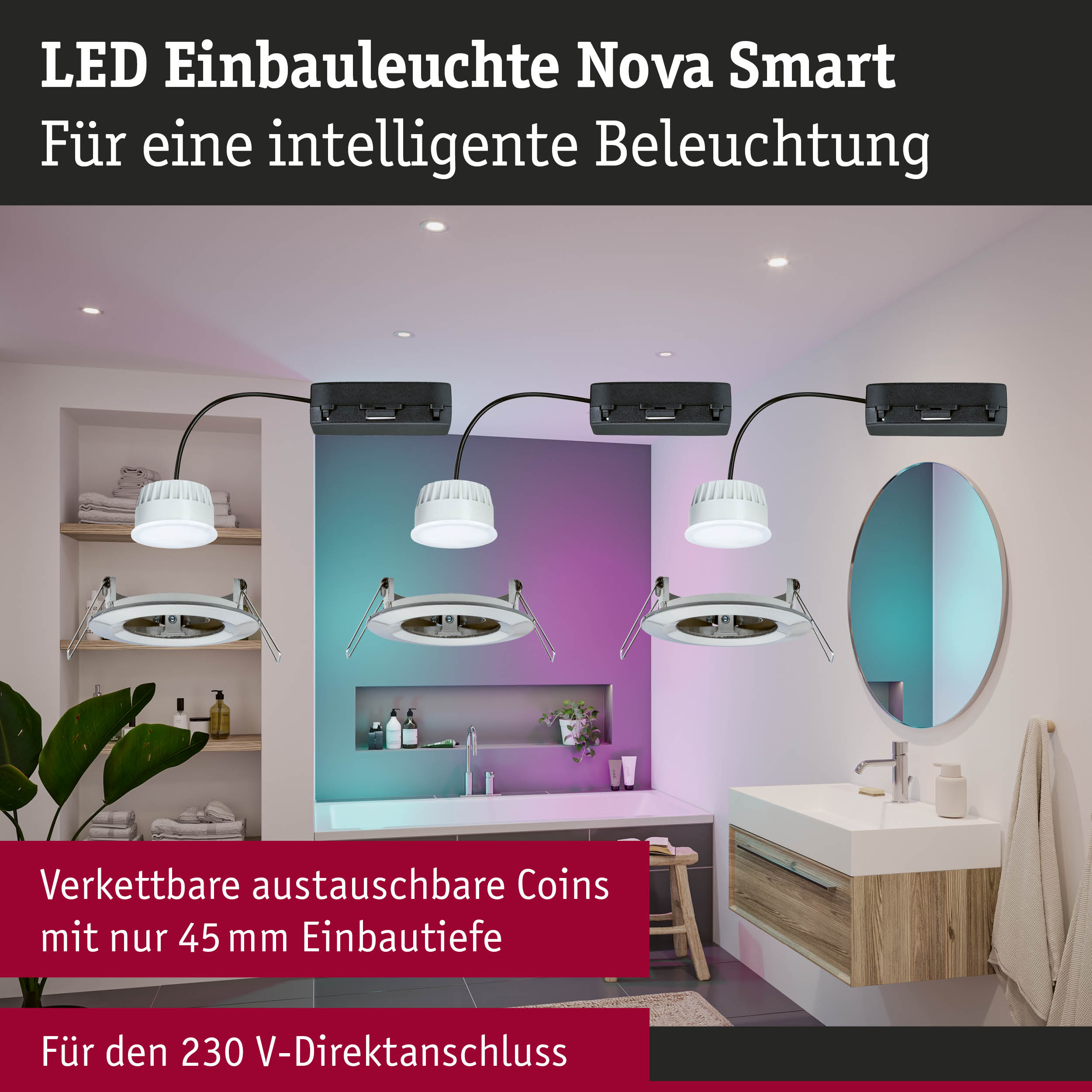 LED Einbauleuchte Nova Smart in Weiß mit schwarzem Anschlusskabel für intelligente Beleuchtung im Bad