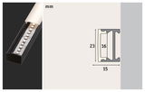 Black aluminum LED profile with milky diffuser and technical dimensions 23x15 mm for LED strips.