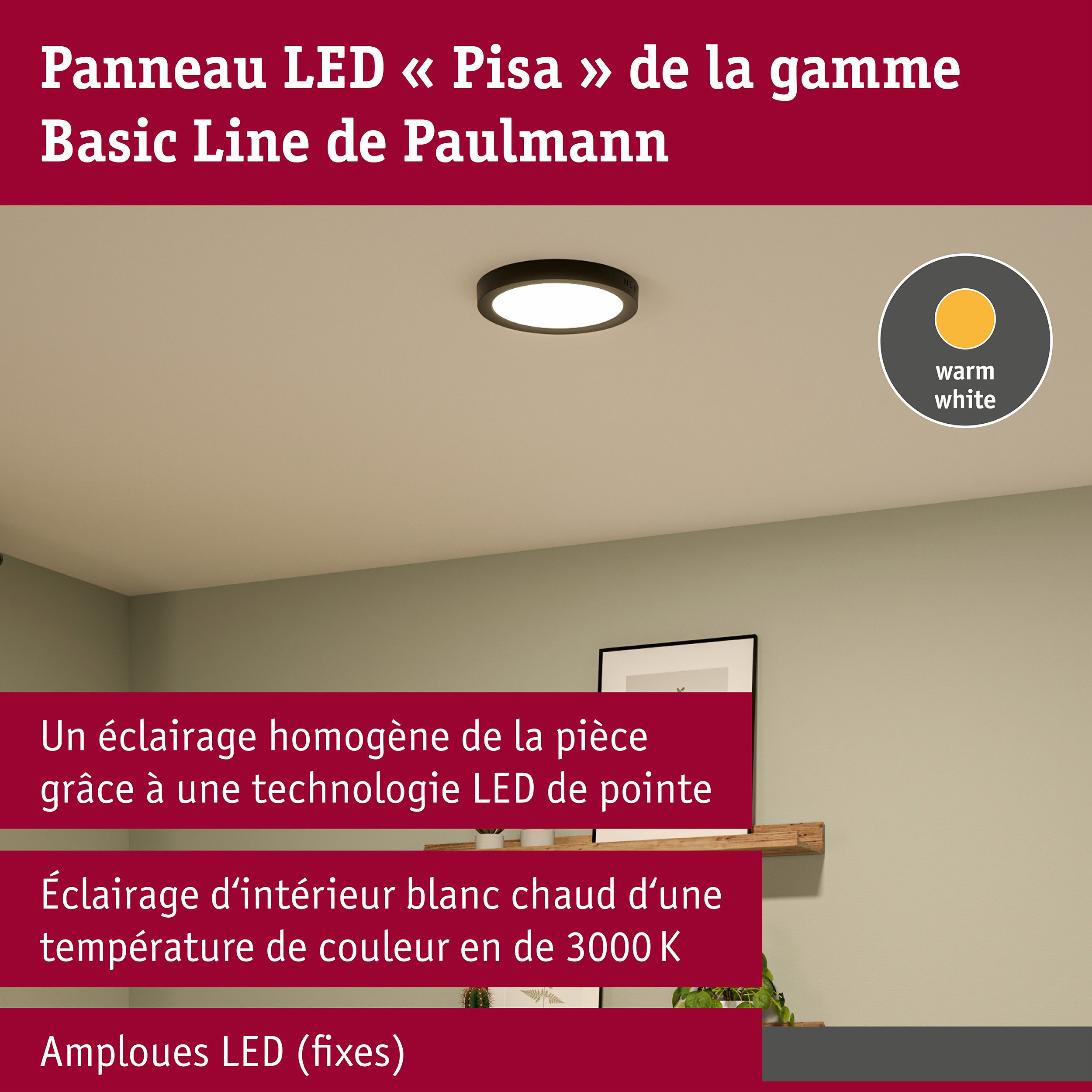 Panneau LED Pisa 3000K 290mm 1800lm 17,6W Noir mat