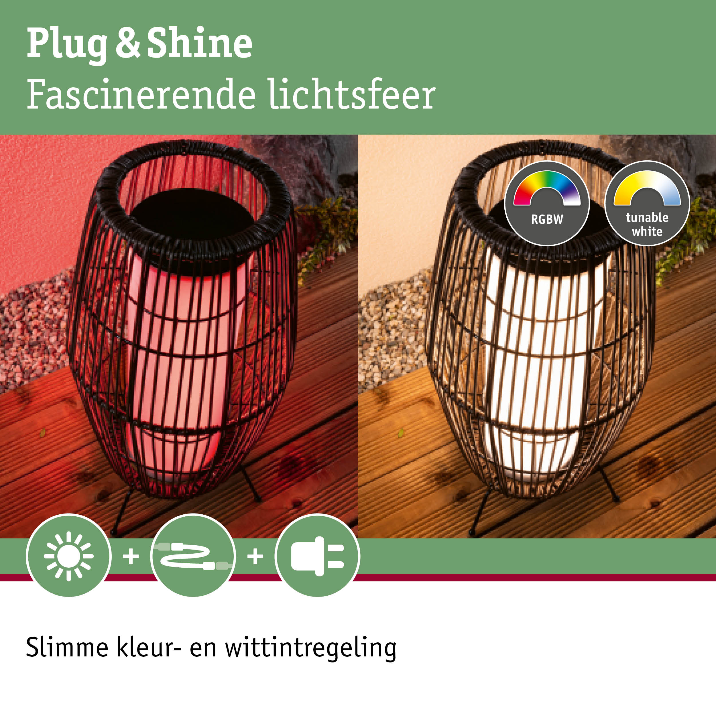 Plug & Shine LED buitenlamp met zwarte metalen kooi en RGBW kleurwissel voor tuinverlichting