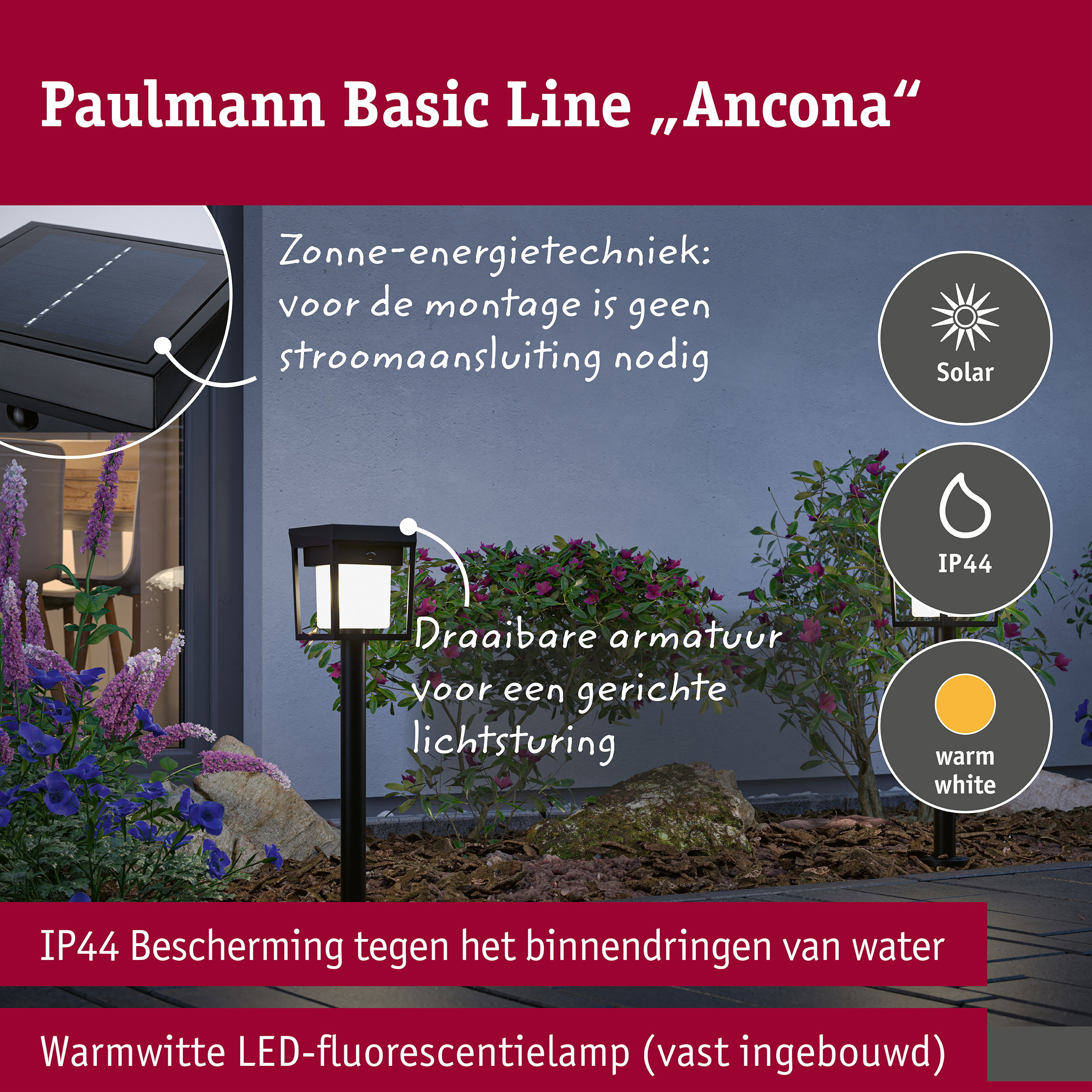 Solar LED-grondpen Ferrara IP44 3000K 400lm Zwart 121x690mm