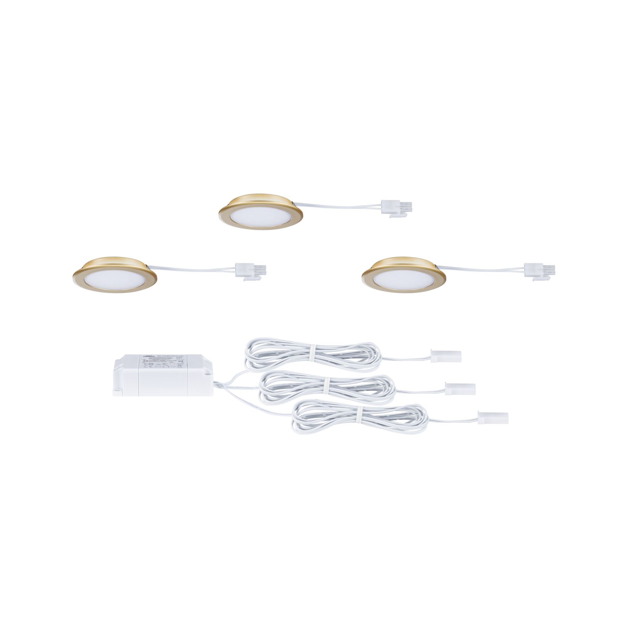 Three gold LED recessed lights with white diffuser and cables for indoor lighting setup