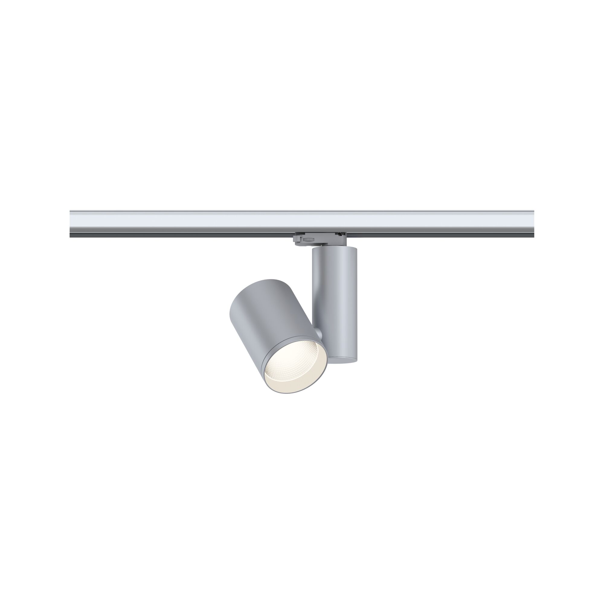Moderner silberner LED-Strahler aus Metall an Schienensystem für flexible Raumbeleuchtung
