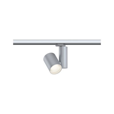 Moderner silberner LED-Strahler aus Metall an Schienensystem für flexible Raumbeleuchtung