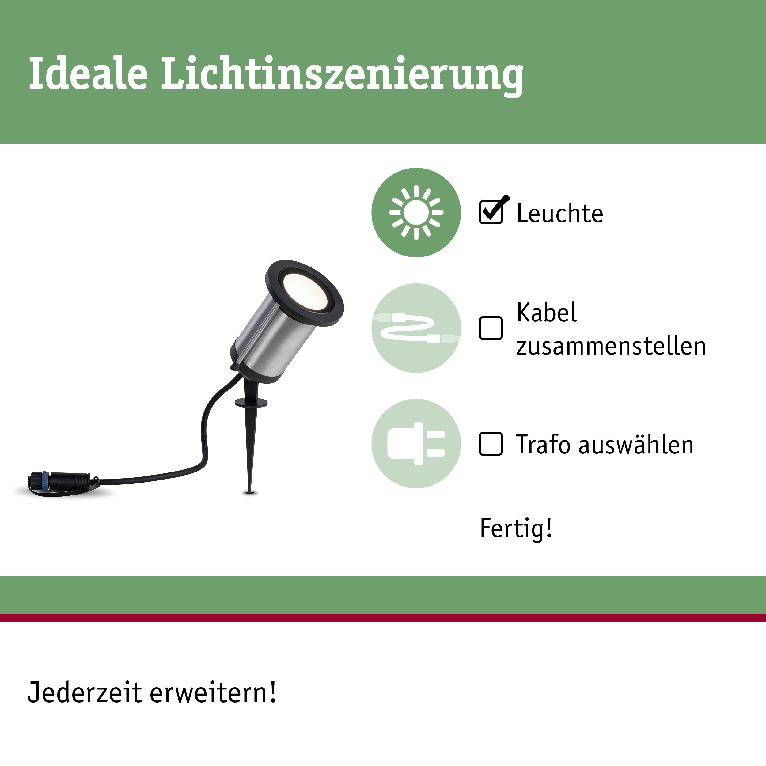 Edelstahl-Gartenstrahler mit schwarzem Rand und Erdspieß für flexible Außenbeleuchtung.