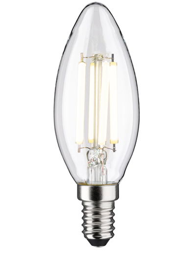 Clear LED candle bulb with E14 base, energy-efficient lighting solution for fixtures.