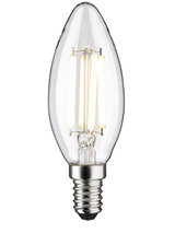 Clear LED candle bulb with E14 base, energy-efficient lighting solution for fixtures.