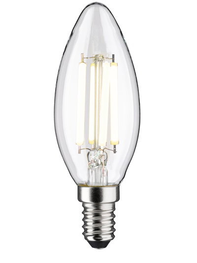 Clear LED candle bulb with E14 base, energy-efficient lighting solution for fixtures.