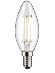 Clear LED candle bulb with E14 base, energy-efficient lighting solution for fixtures.