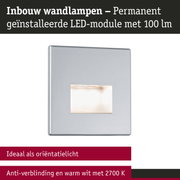 Vierkante inbouw wandlamp van zilverkleurig metaal met ingebouwde LED-module en warm wit licht