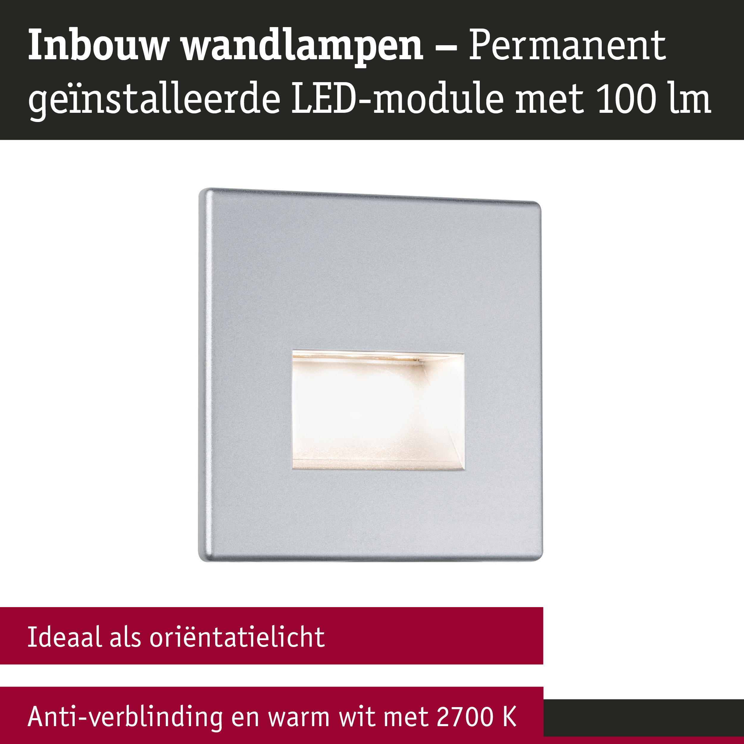 Vierkante inbouw wandlamp van zilverkleurig metaal met ingebouwde LED-module en warm wit licht