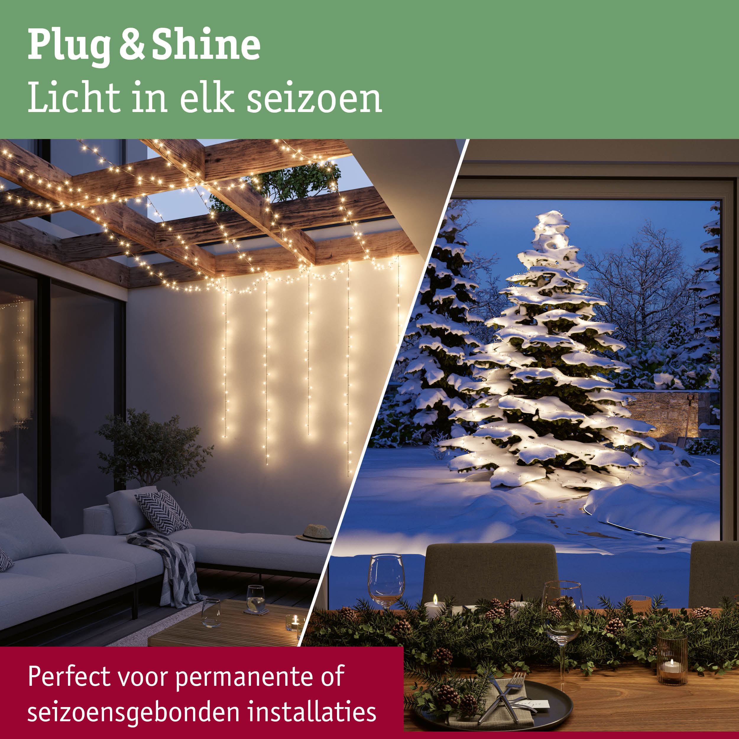 Sfeerverlichting met warmwitte lichtsnoeren aan houten balken en besneeuwde boom voor seizoensdecoratie