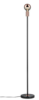 Standing LED lamp with black metal rod, copper lamp holder, and black marble base for living spaces