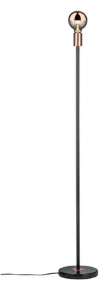 Stehende LED-Lampe mit schwarzem Metallstab, kupferfarbenem Lampenhalter und schwarzem Marmorsockel für Wohnräume
