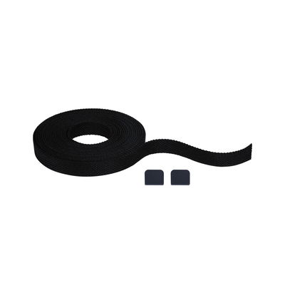 Black textile tape with two matching plastic end caps for versatile mounting options.