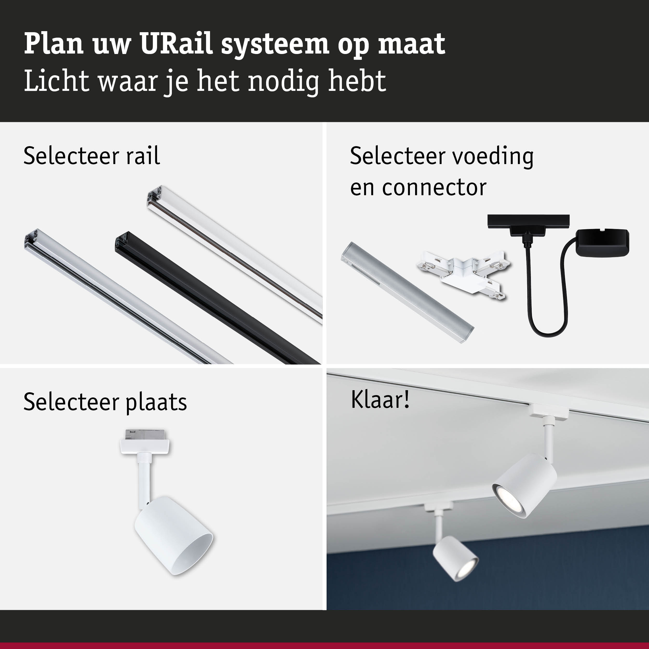 Modulair URail railsysteem met witte en zwarte rails en LED-spotlights voor flexibele verlichting