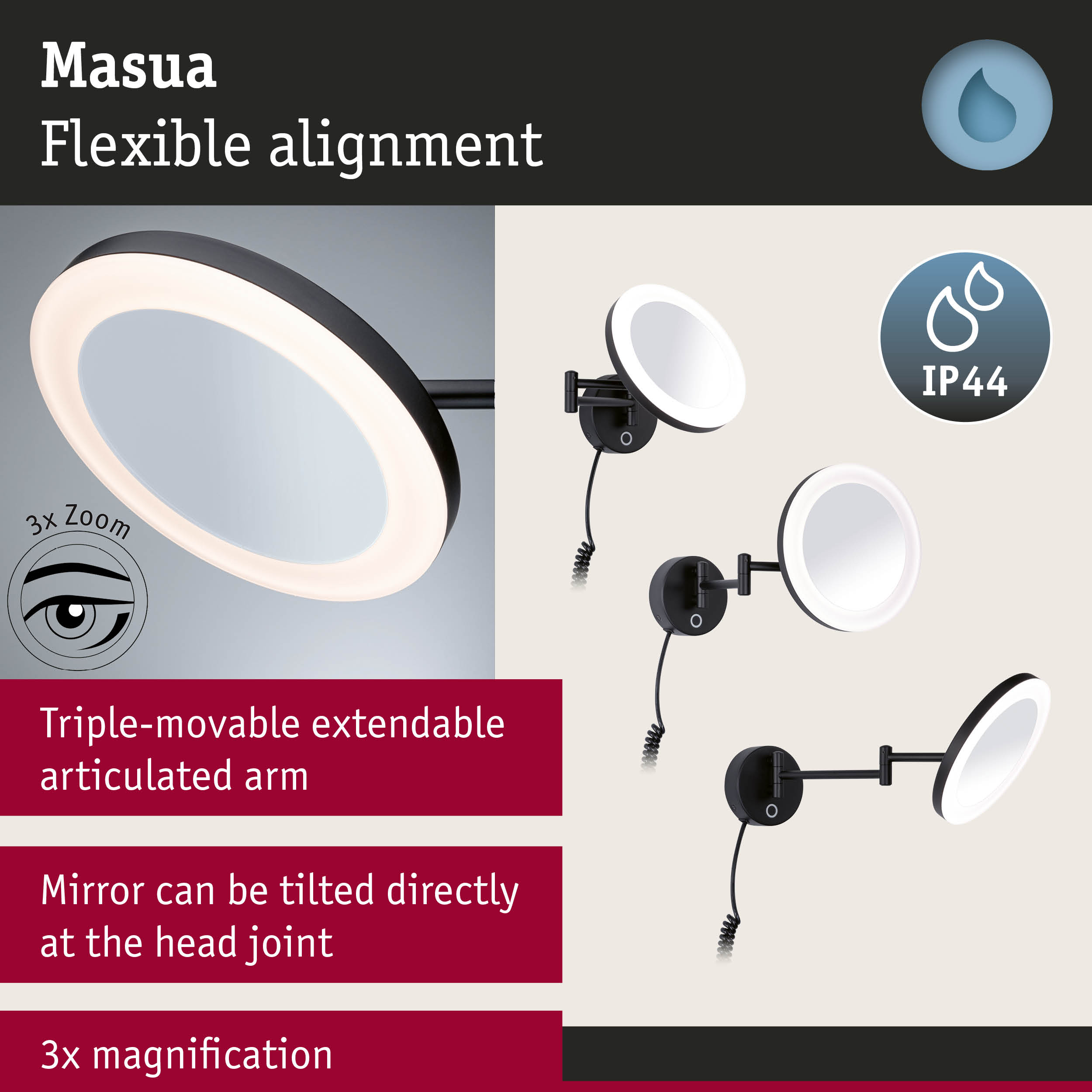 Black Masua LED wall mirror with IP44 rating, adjustable arm and 3x magnification for bathroom lighting