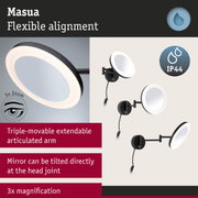 Black Masua LED wall mirror with IP44 rating, adjustable arm and 3x magnification for bathroom lighting