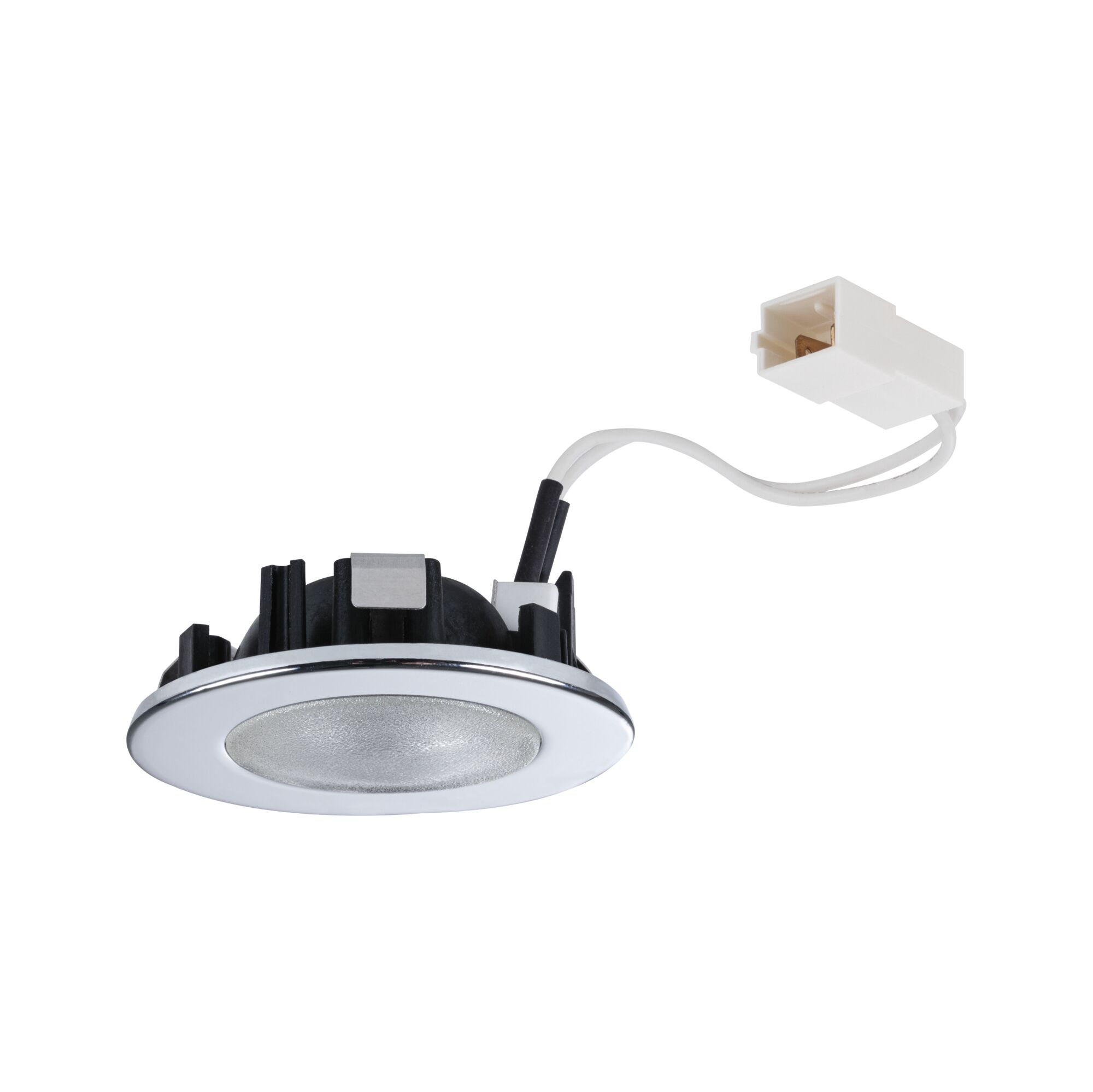 Rundes LED-Einbauleuchte mit weißem Rahmen und Anschlusskabel für moderne Innenbeleuchtung