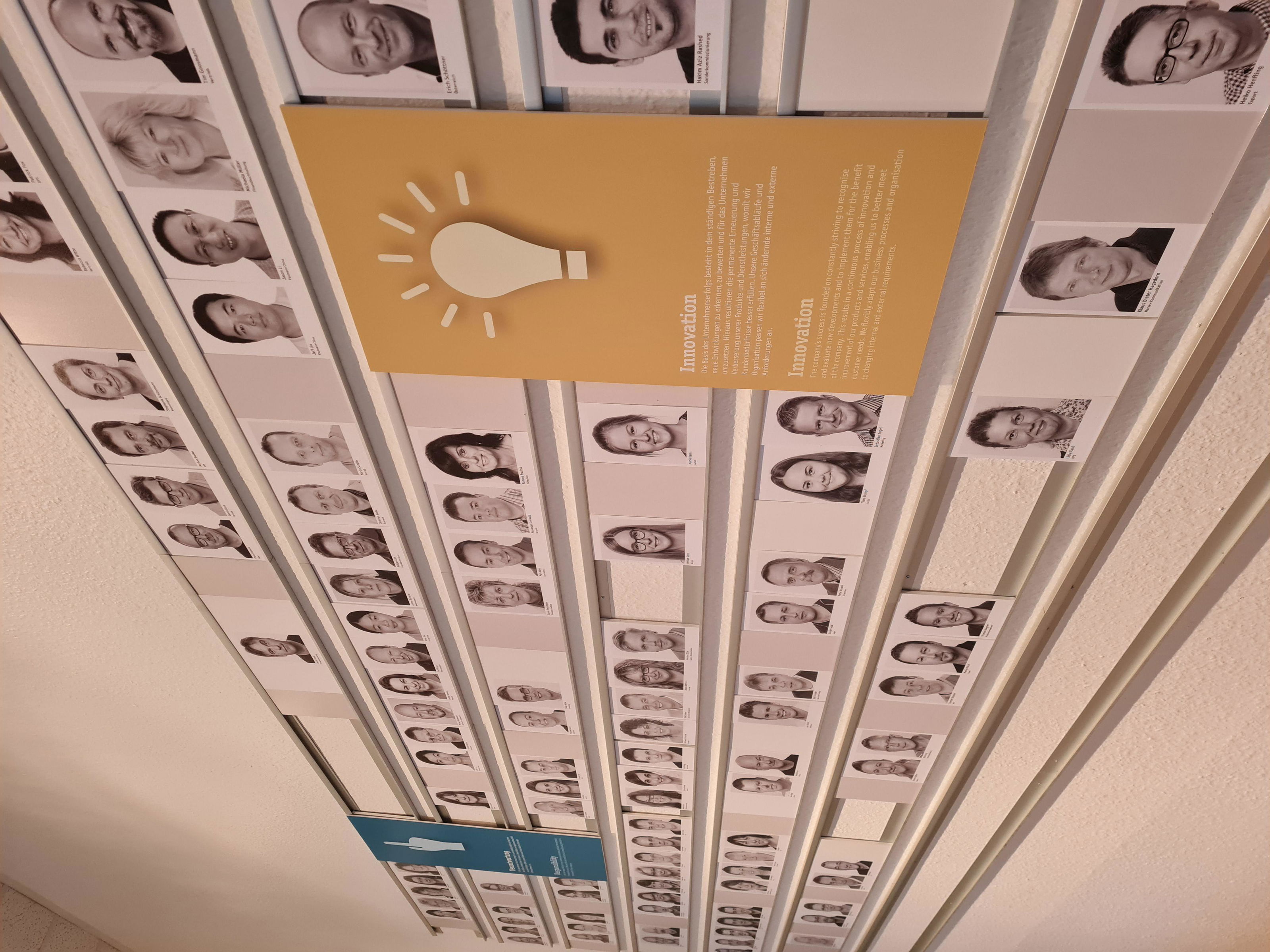 Wall displaying many black and white employee portraits with yellow innovation sign featuring light bulb icon