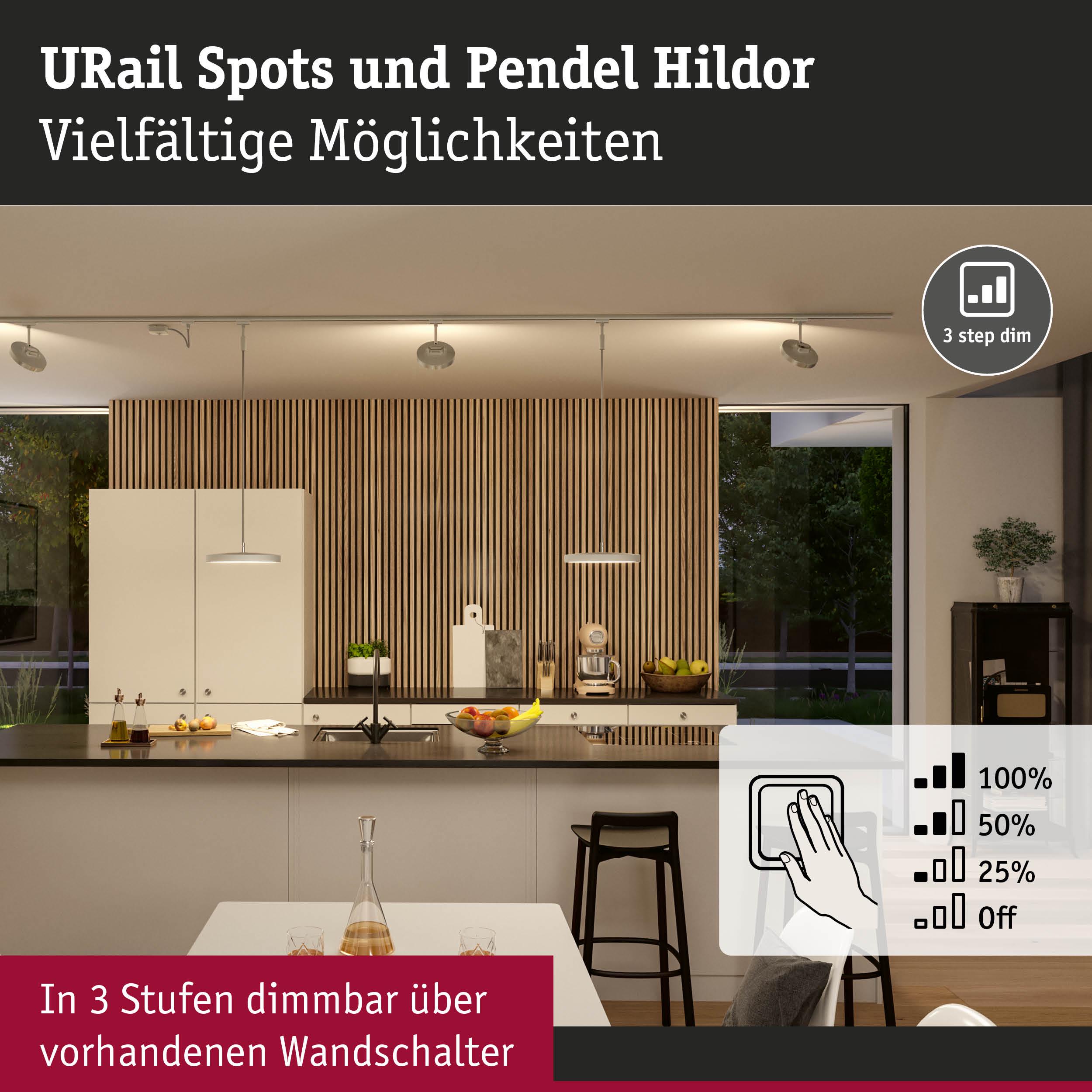 Moderne Küche mit URail Spots und Pendel Hildor in Weiß und Holzoptik, dimmbares LED-Licht in 3 Stufen