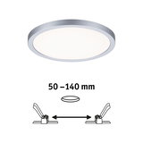 Round LED panel with silver aluminum frame and adjustable mounting clips for ceiling installation 50-140 mm.