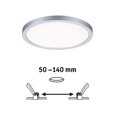Round LED panel with silver aluminum frame and adjustable mounting clips for ceiling installation 50-140 mm.