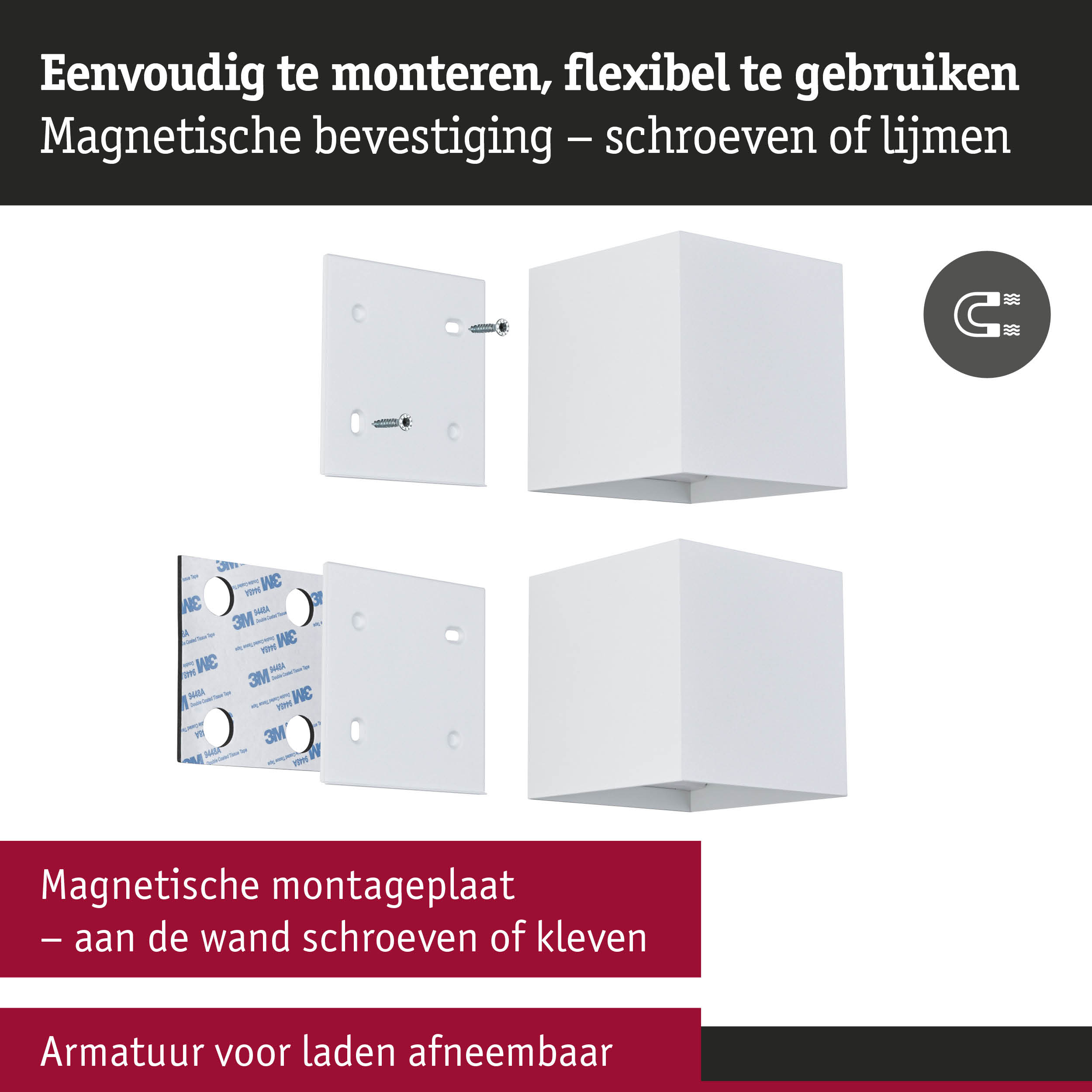 Witte magnetische montageplaat met schroeven en plakstrip voor flexibele wandmontage