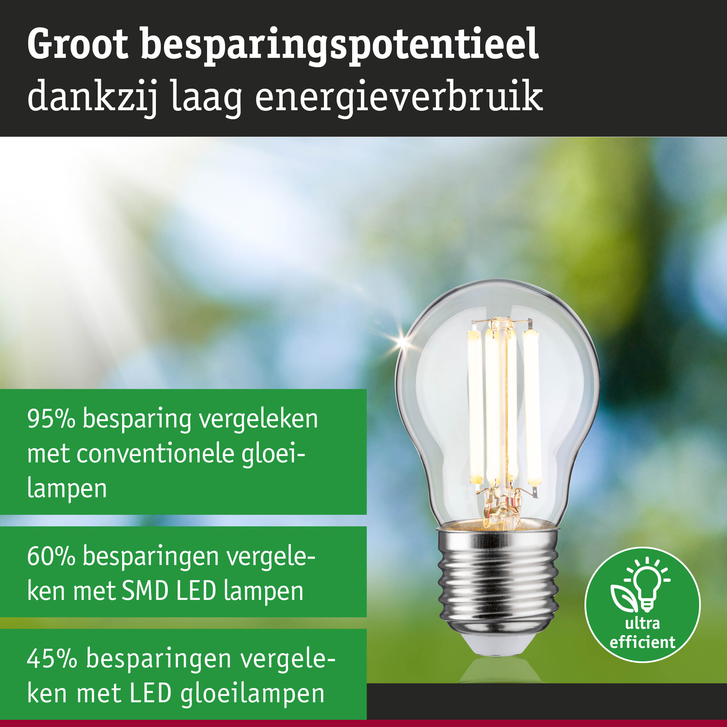 Energiezuinige LED-gloeilamp met helder glas en zilveren fitting op groen-blauwe achtergrond