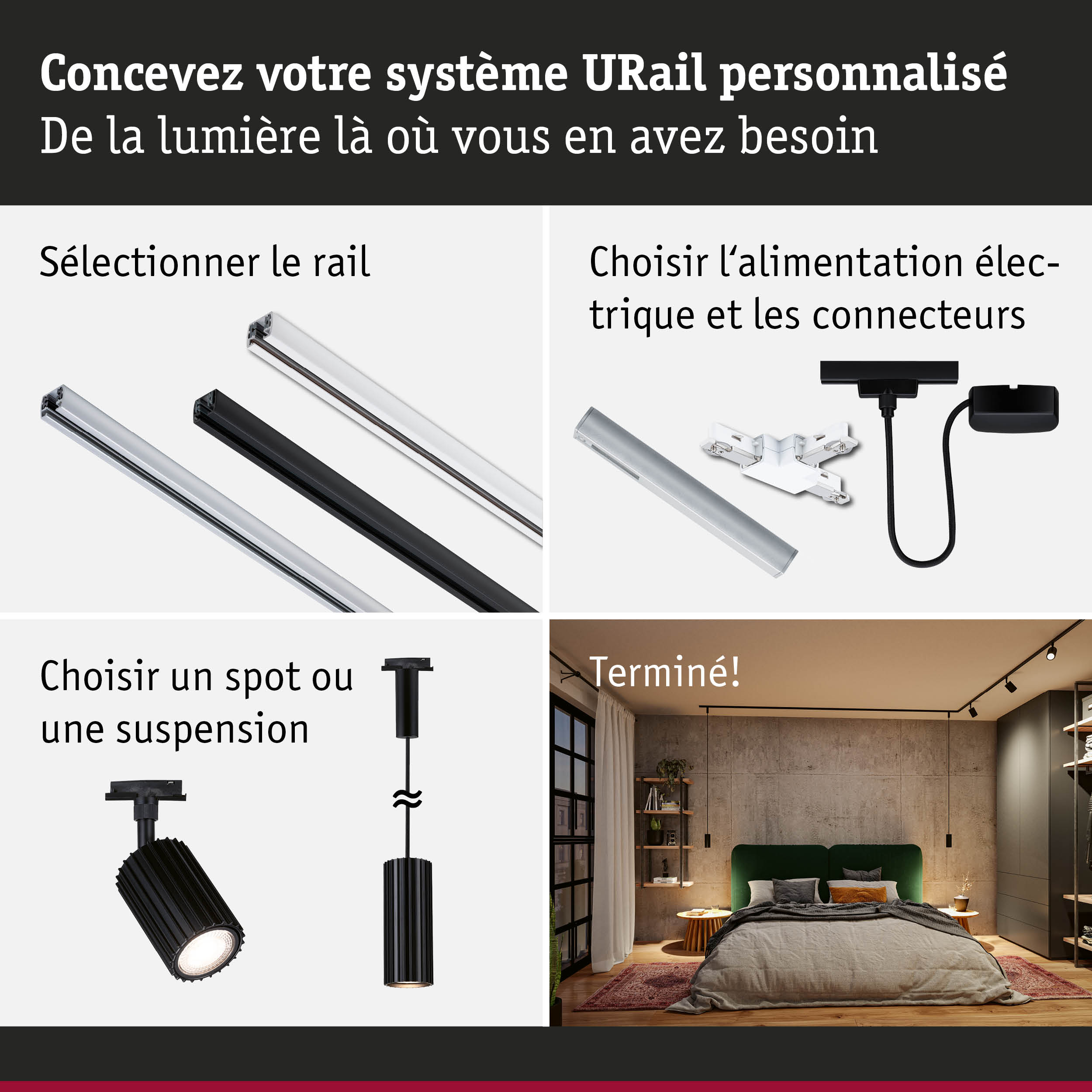Systèmes de rails URail noirs et blancs avec alimentation électrique et spots noirs pour éclairage intérieur