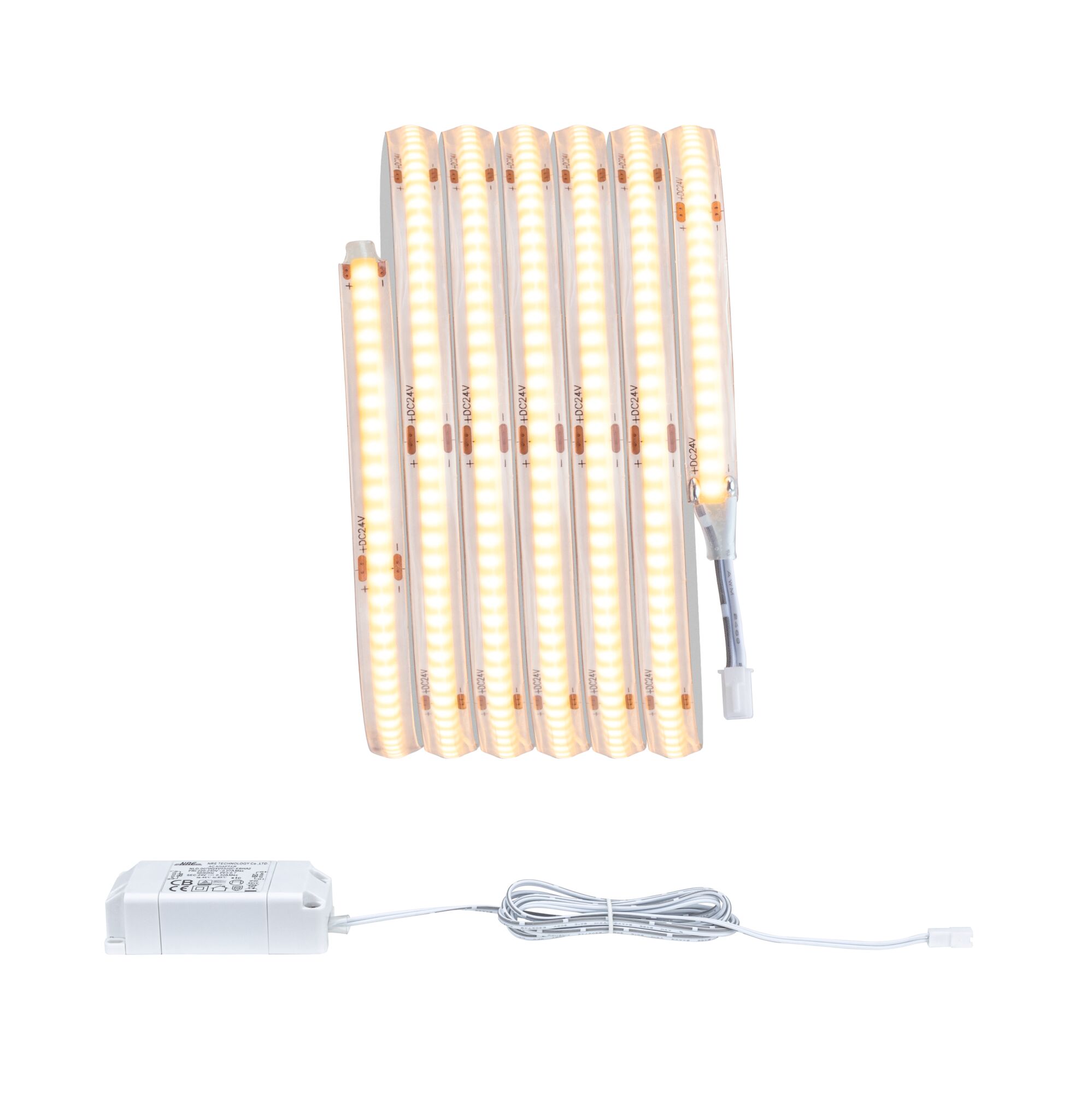 Flexible warm white LED strip with white power supply for versatile lighting applications