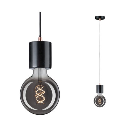 Suspension moderne avec tête en métal noir et globe en verre fumé, filament LED pour éclairage d’ambiance