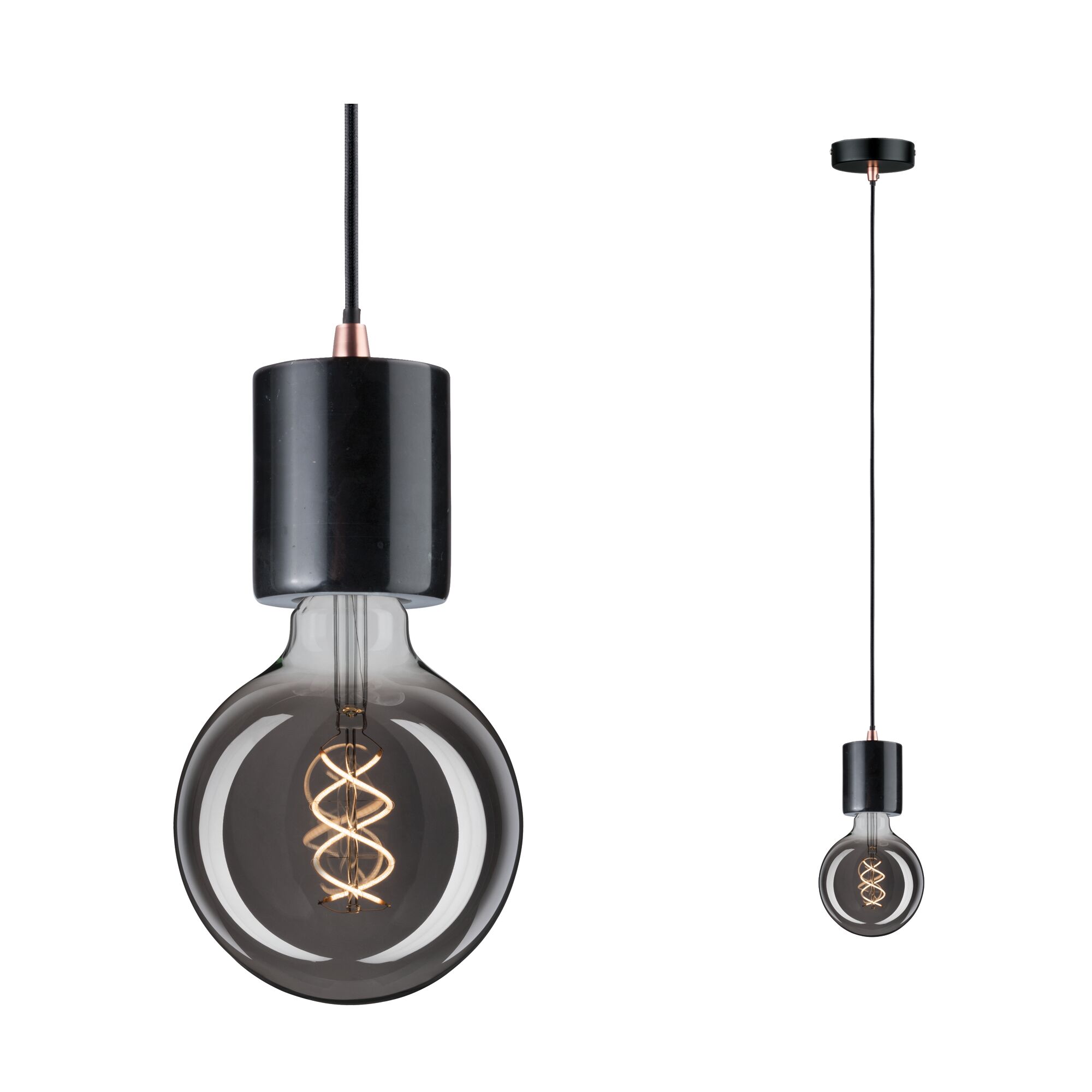 Neordic Pendant luminaire Nordin E27 max. 60W Black/Marble/Matt copper dimmable Marble Modern pendant lamp with black metal top and smoked glass globe, LED filament for ambient lighting