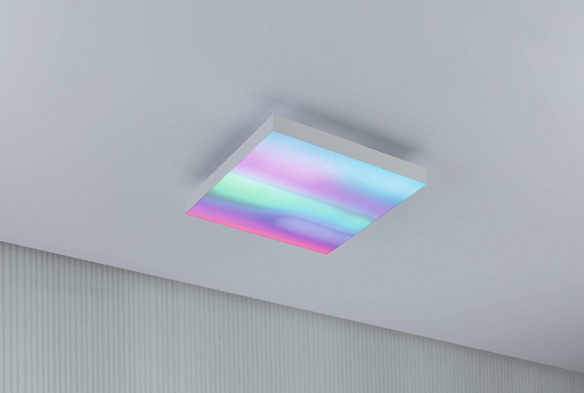 Quadratische Deckenleuchte mit RGB-LED in Weiß, die bunte Lichtfarben für moderne Raumbeleuchtung bietet