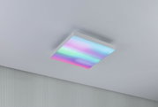 Quadratische Deckenleuchte mit RGB-LED in Weiß, die bunte Lichtfarben für moderne Raumbeleuchtung bietet