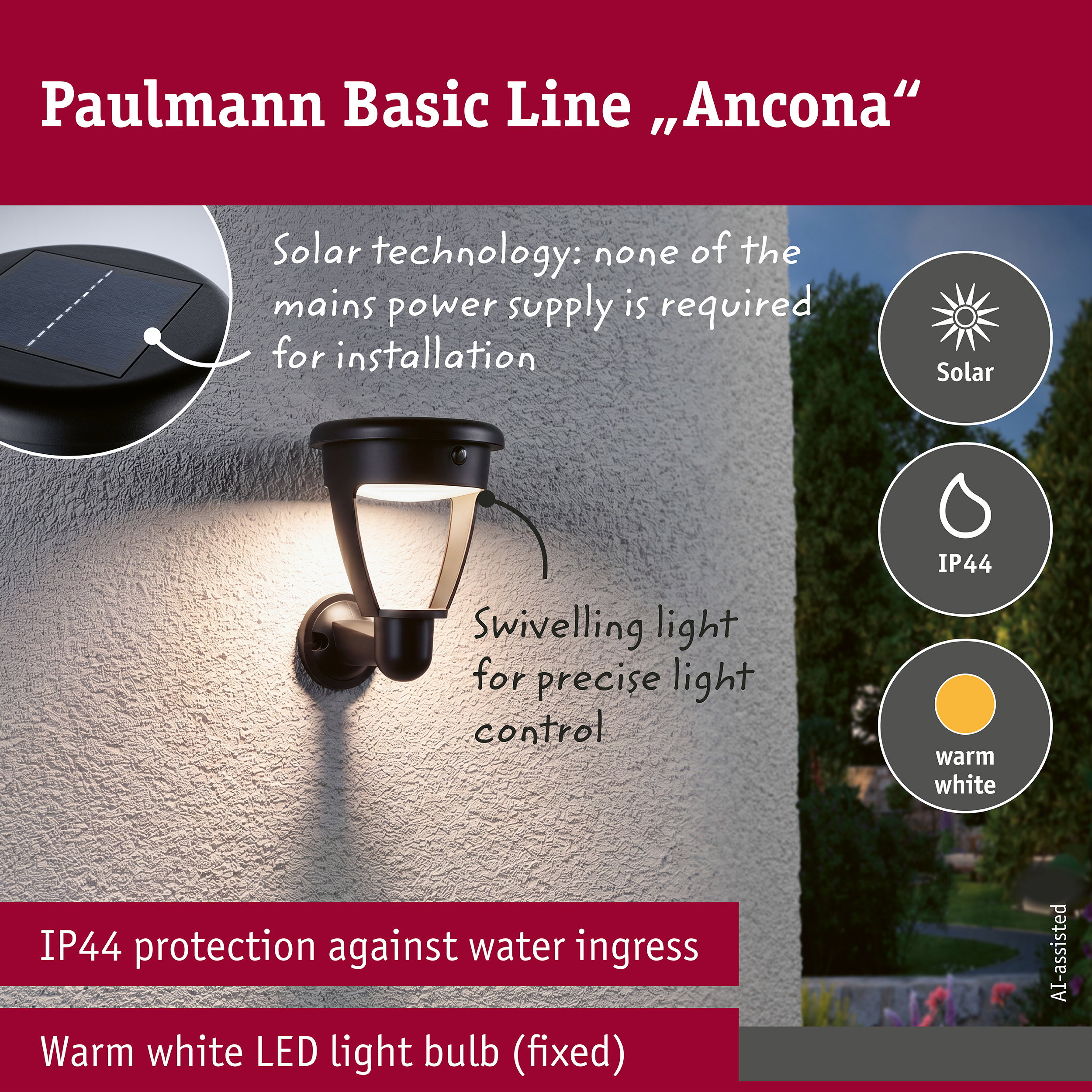 Solar LED Exterior wall light Ancona IP44 round 140x188mm 3000K 4,2W 300lm 3,7V Black