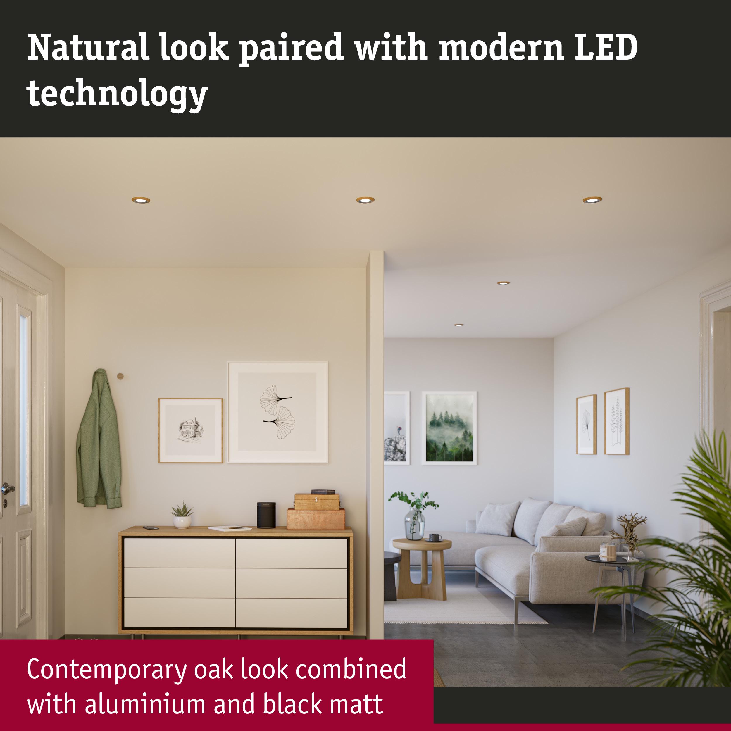 Modern LED recessed spotlight with oak look, aluminium and matte black finish for living spaces