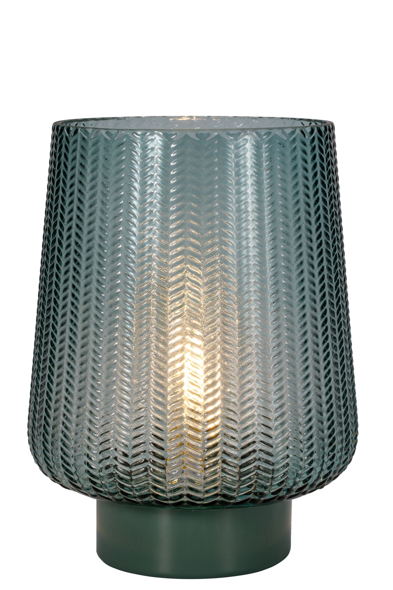 Grøn glasbordlampe med struktureret mønster og rund base, dekorativ LED-belysning til hjemmet