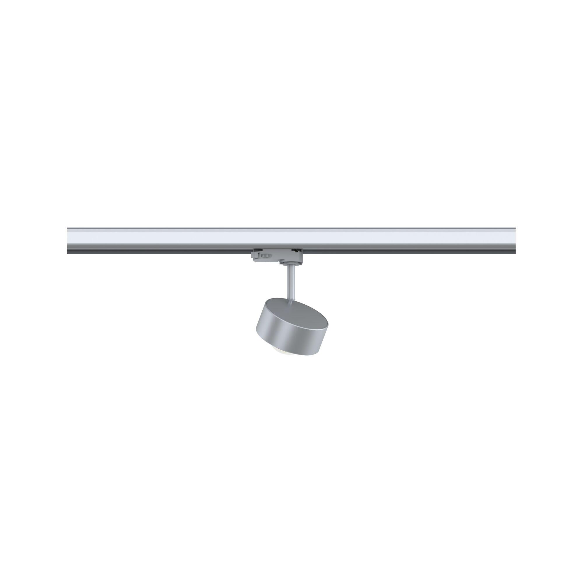Silberner LED-Strahler aus Metall an Schienensystem für flexible Raumbeleuchtung