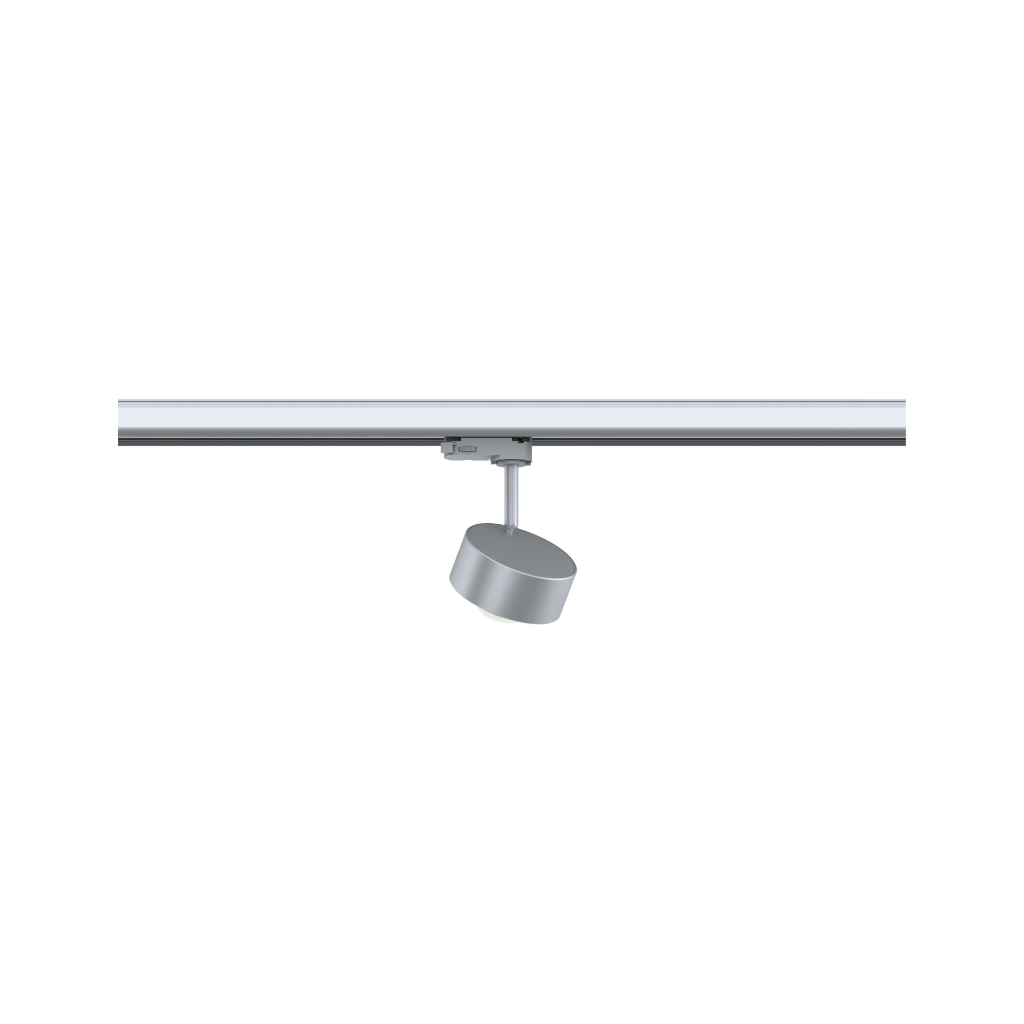 Silberner LED-Strahler aus Metall an Schienensystem für flexible Raumbeleuchtung