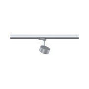 Silberner LED-Strahler aus Metall an Schienensystem für flexible Raumbeleuchtung