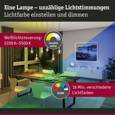 Wohnzimmer mit dimmbarer Lampe und einstellbarer Lichtfarbe von 2200K bis 5500K und 16 Mio. RGBW Farben