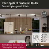 Cuisine moderne avec spots URail et Pendulum Hildor noirs dimmables, mur en bois et espace repas
