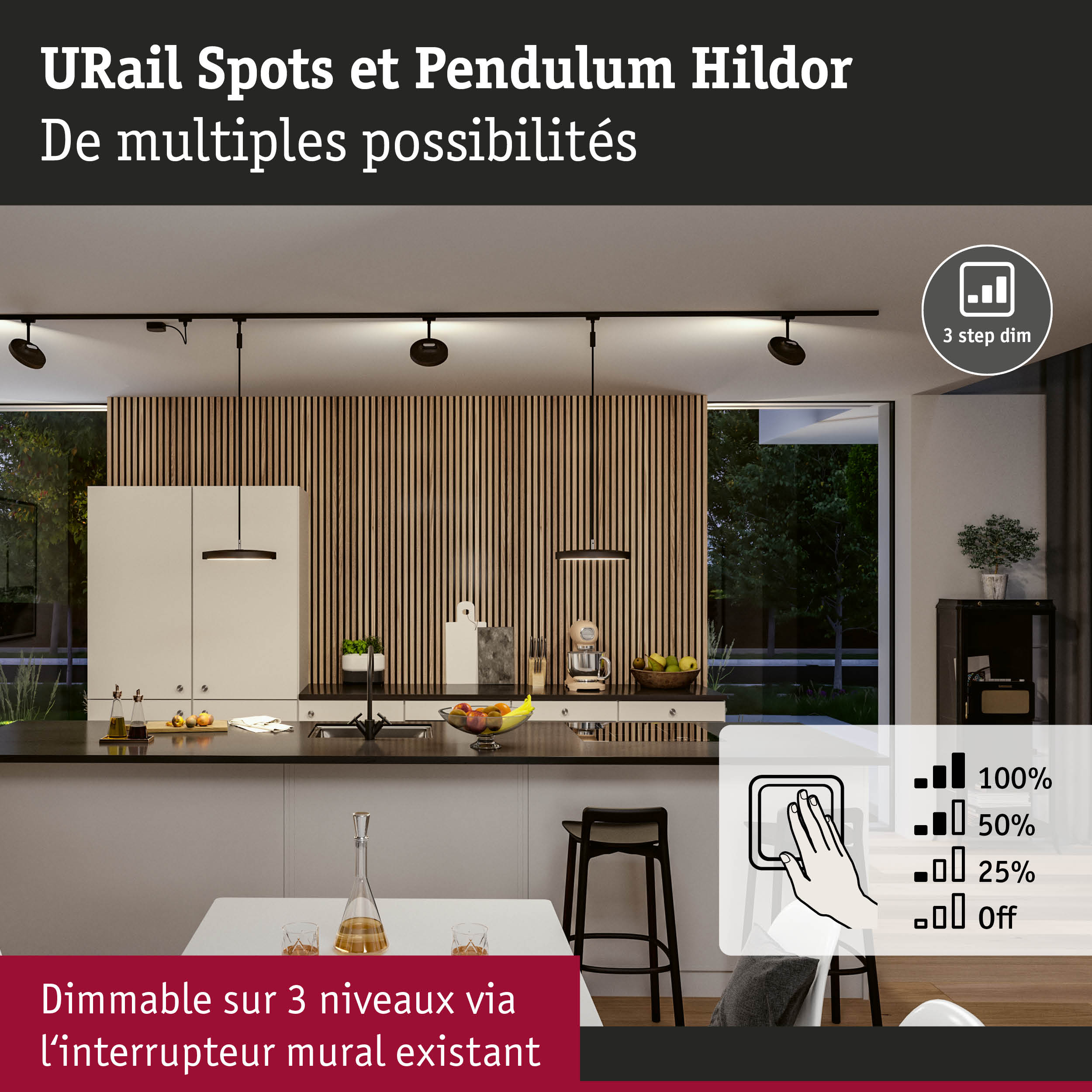 Spots URail noirs modernes et suspension Pendulum Hildor dans cuisine avec panneaux en bois