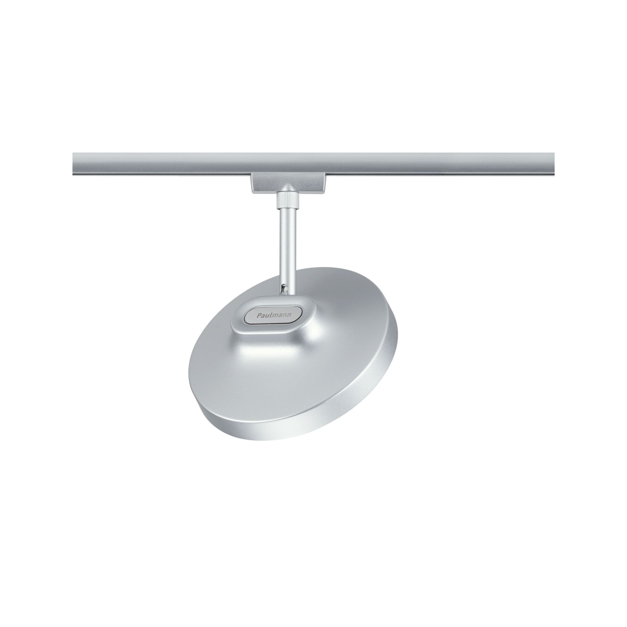 Silberner LED-Spot aus Metall an Schienensystem für flexible Beleuchtung im Innenraum